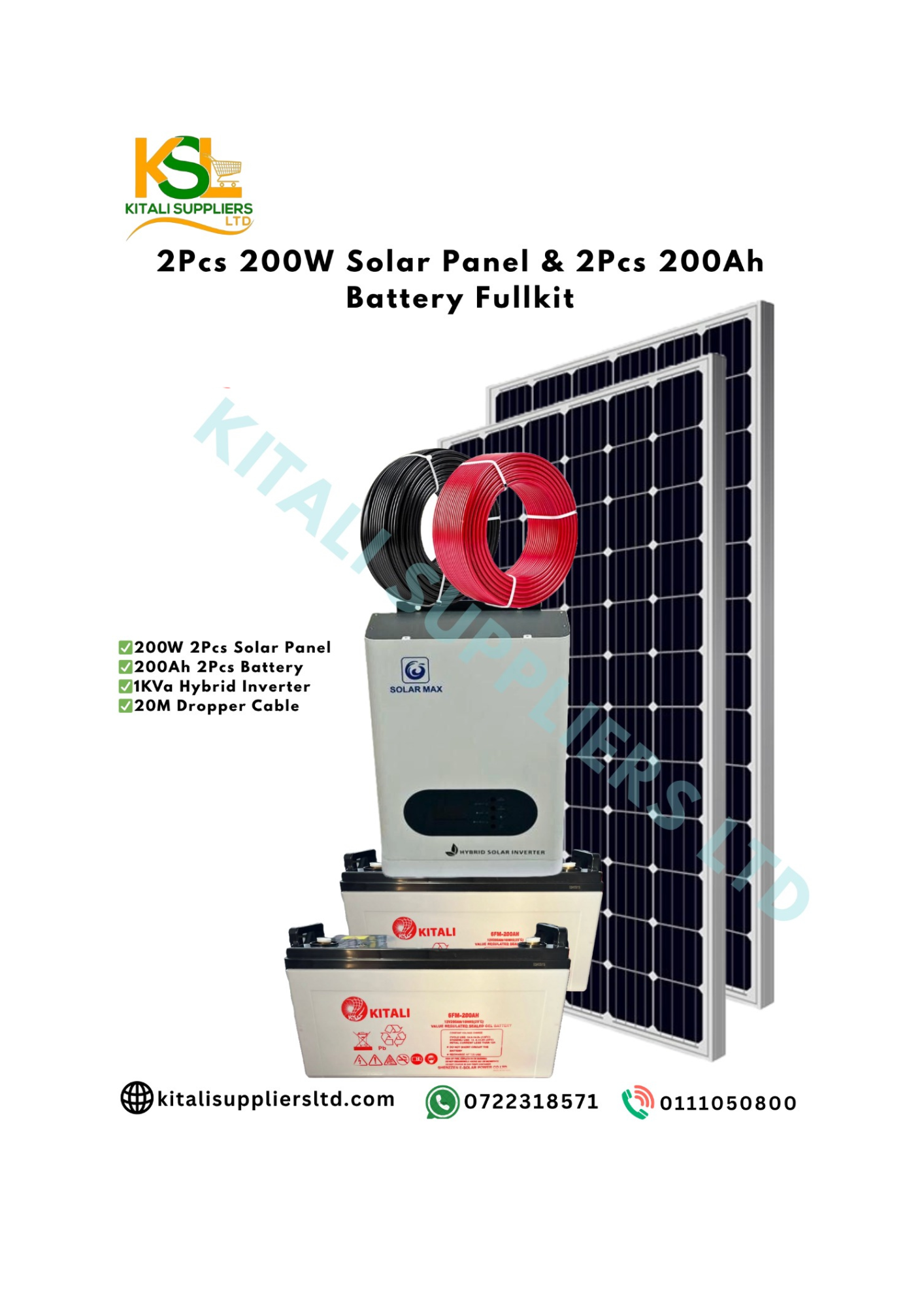 1KVA Full Kit With 200W Panels (2pcs), 200Ah Battery (2pcs), 1kVA Hybrid Inverter, 20M Dropper Cable
