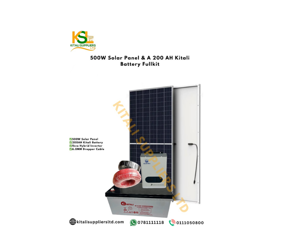 500W Fullkit With 500W Panel, 200Ah Kitali Battery, 1KVA Hybrid Inverter & 6.0MM 20M Dropper Cable