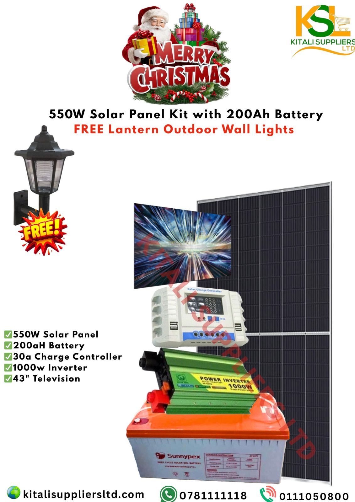 550W Solar Panel Kit With 200Ah Battery, 550W Panel, 1000W Inverter, 30A Controller, 43" Tv Plus Free Lantern Outdoor Wall Light