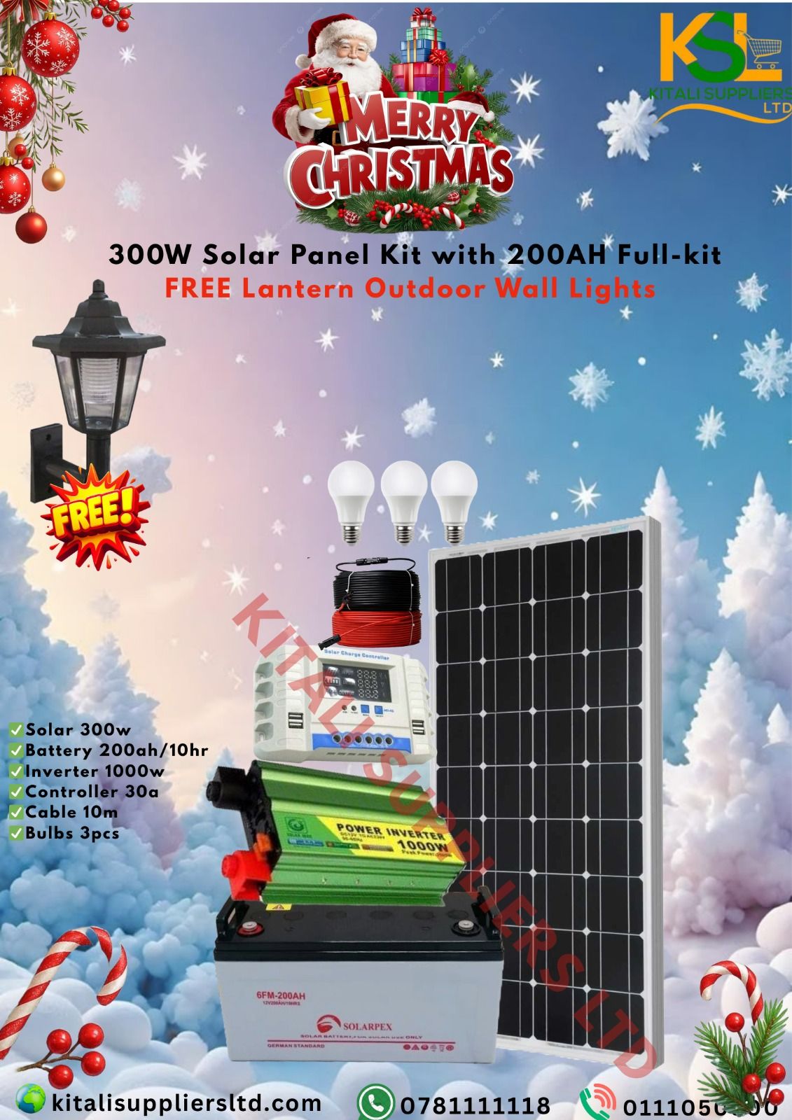 300W Solar Panel Kit With 300W Panel, 200Ah Battery, 1000W Inverter, 30A Controller, 10M Cable, 3Pcs Bulb Plus Free Lantern Outdoor Wall Light