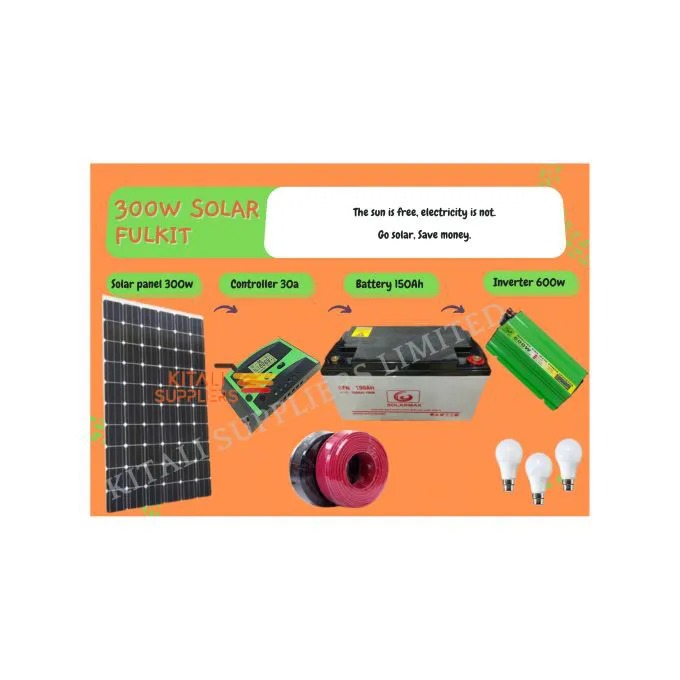 Sunnypex 300w Commercial Solar Fullkit (300w solar panel monocrystalline 150AH battery dry cell 600w power inverter 20A digital controller 10m dropper cable