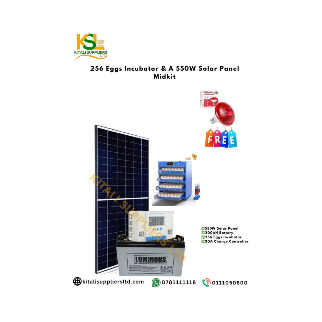256 Eggs Incubator With 550W Solar Panel, 20A Controller, 200Ah Battery + Free Infrared Bulb
