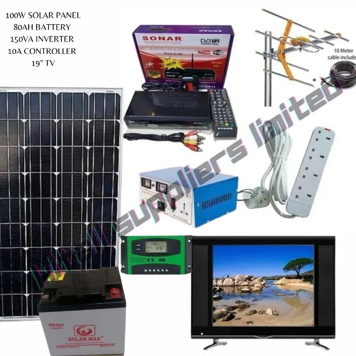 100w solar panel 80ah battery 150va inverter 10amps controller extension aerial plus Free Sonar Decorder, 19"" tv