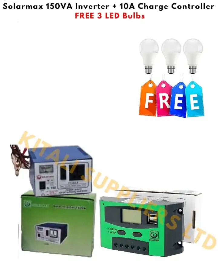 Get the Solarmax 150VA inverter, 10A charge controller, and 3 free LED bulbs. Perfect mini kit for small solar setups and off-grid lighting needs.