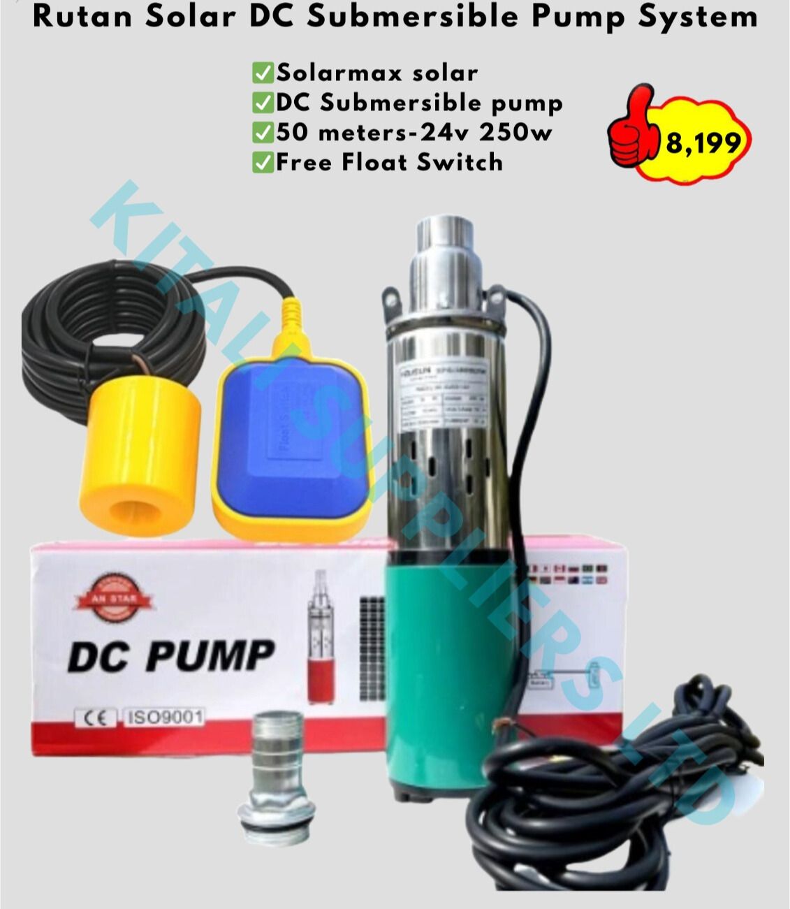 Rutan Solar DC Submersible Pump System – 250W, 24V, 50M Head with Free Float Switch