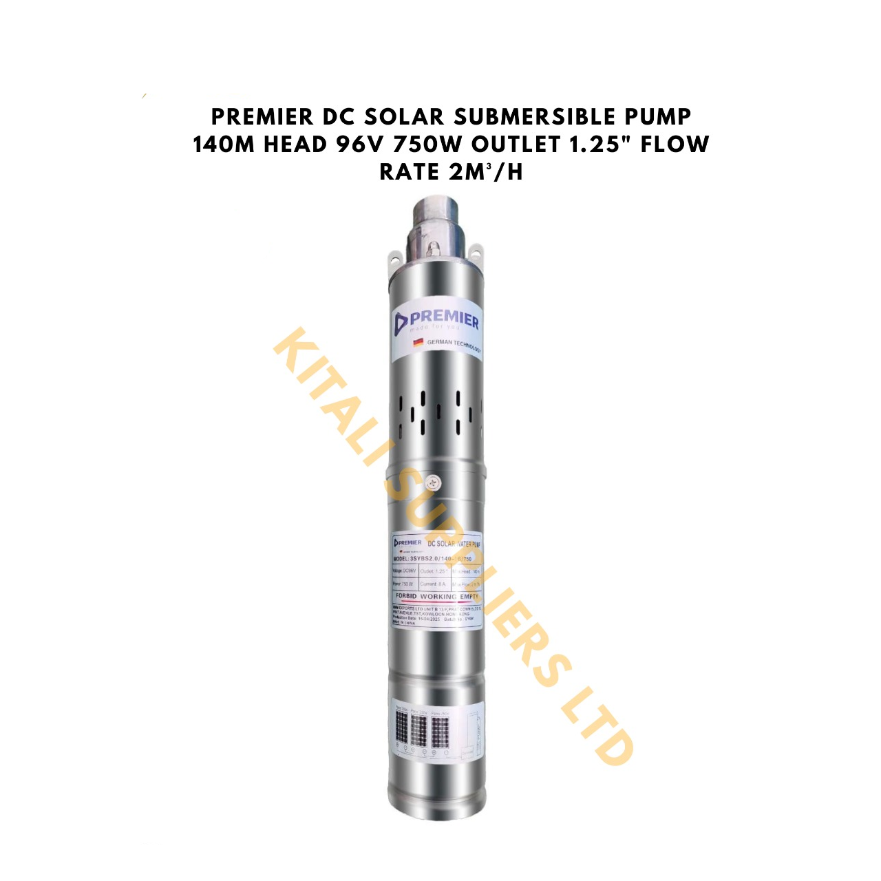Premier 750W DC Solar Submersible Water Pump – 140M Head, 96V Input, 1.25" Outlet for Deep Boreholes & Irrigation