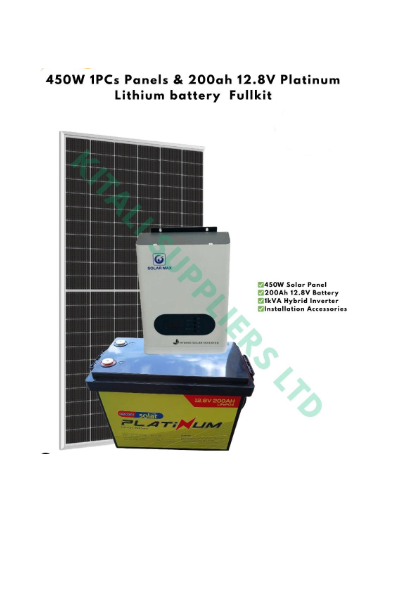 Compact solar kit with 1PCS 450W panel, 1PCS 200Ah 12.8V Platinum Lithium battery, 1kVA hybrid inverter, and accessories. Ideal for small-scale renewable energy solutions.