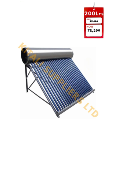 Sustainable 200L solar water heater using solar energy for efficient hot water supply. Durable and easy to install, perfect for medium-sized households and small commercial setups.