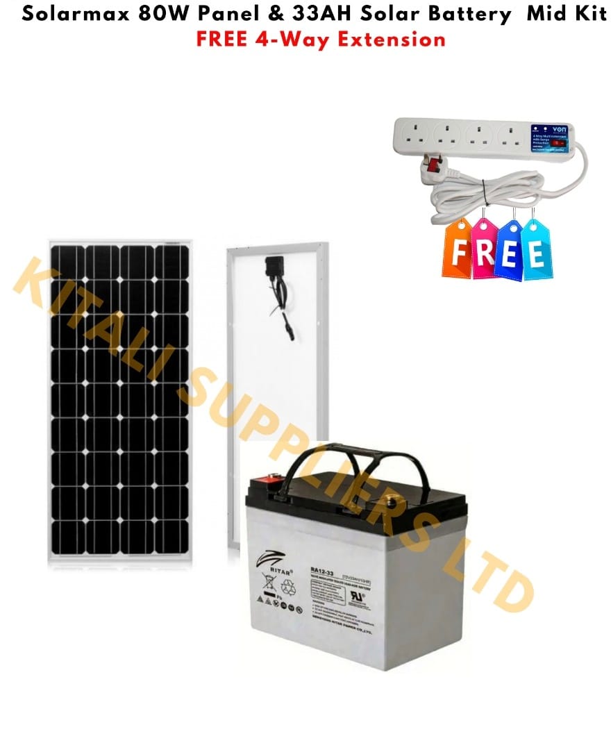Affordable solar power kit with 80W panel, 33Ah battery, and cable extension. Ideal for lighting, phone charging, routers, and rural or backup applications.