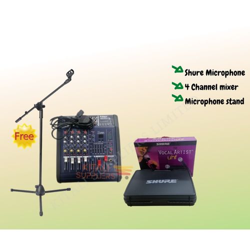 Professional 4-channel audio mixer bundle with legendary Shure microphone and a free mic stand. Perfect for studio recording, podcasting, streaming, and live events.