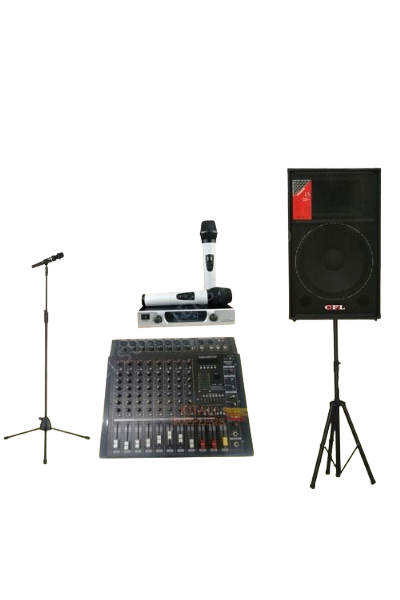 Get a full PA sound system with Trill CFL 15” powered speaker, 8-channel mixer, Omax microphone, speaker stand, and mic stand. Ideal for events, DJs, and performances.