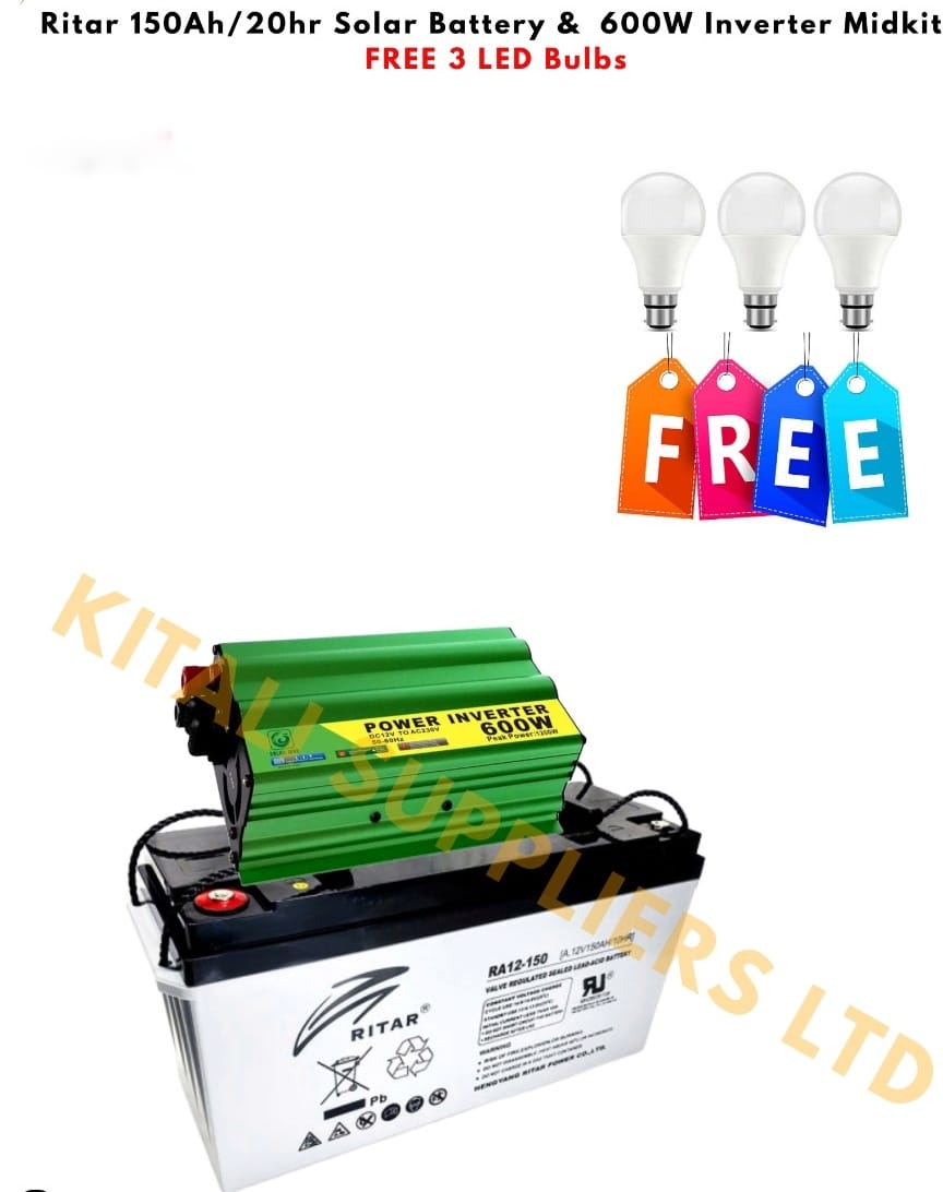 Shop the Ritar 150Ah solar battery kit with a 600W pure sine wave inverter and 3 free LED bulbs. Perfect for home solar setups and backup power.