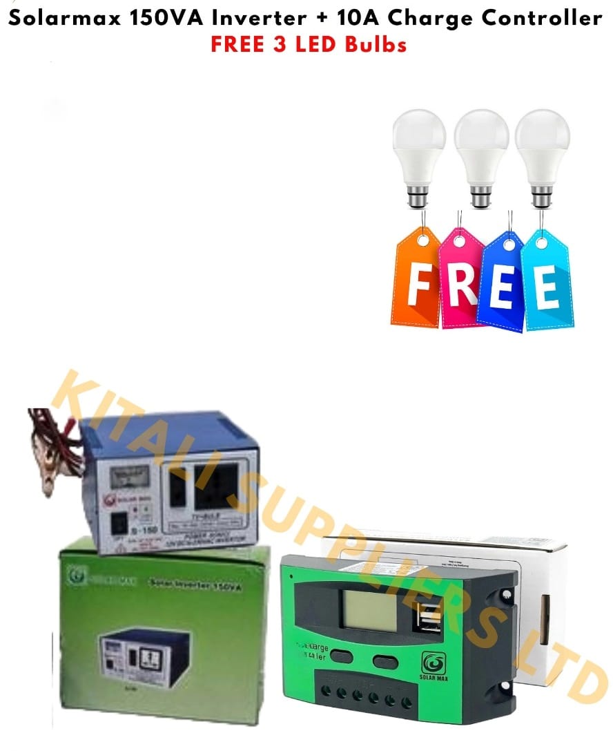 Get the Solarmax 150VA inverter, 10A charge controller, and 3 free LED bulbs. Perfect mini kit for small solar setups and off-grid lighting needs.