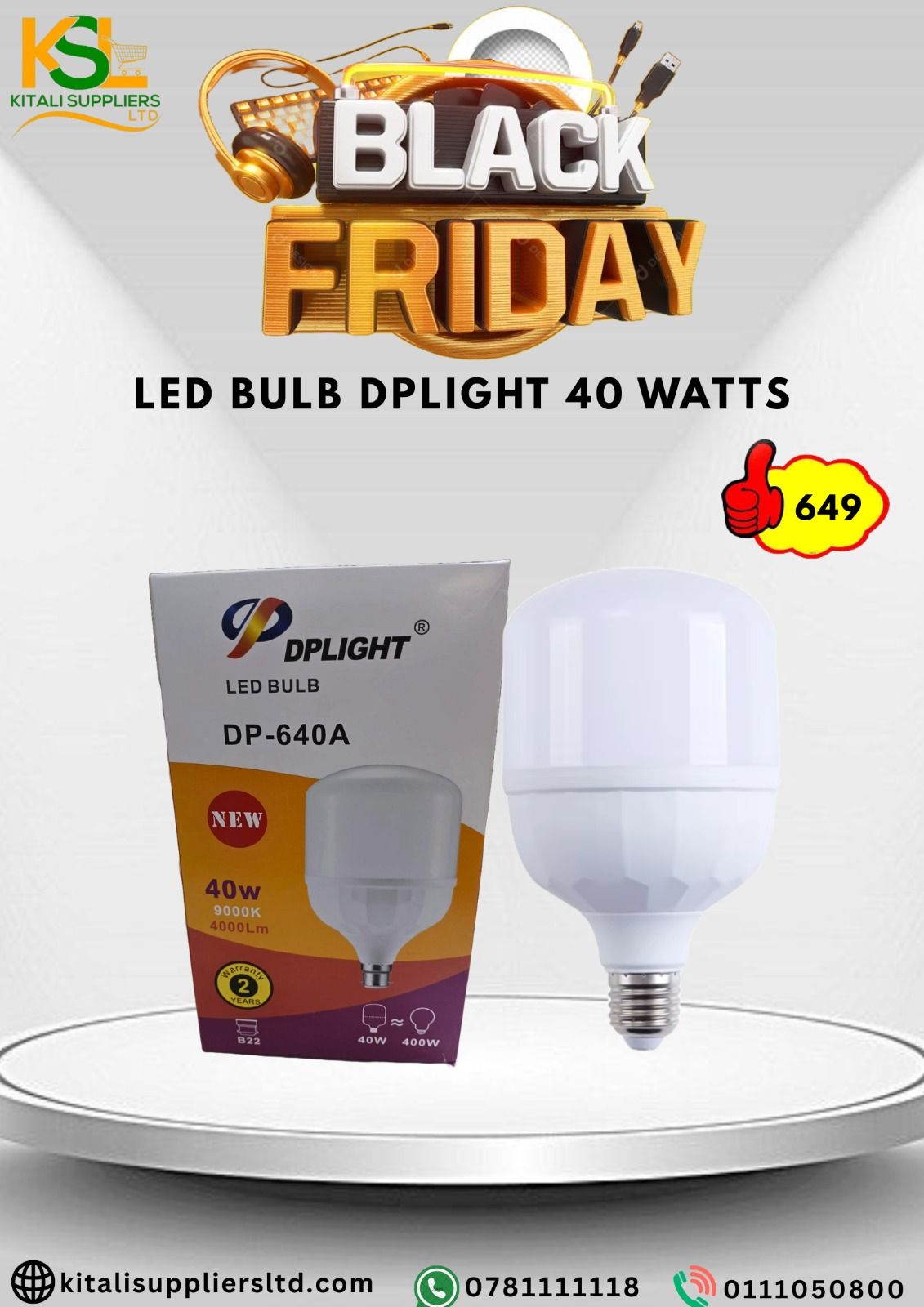 Shop the DP Light 40W LED Bulb DP-640A with 4000 lumens brightness and 9000K cool white light. Ideal for large spaces. Energy efficient and long lasting.