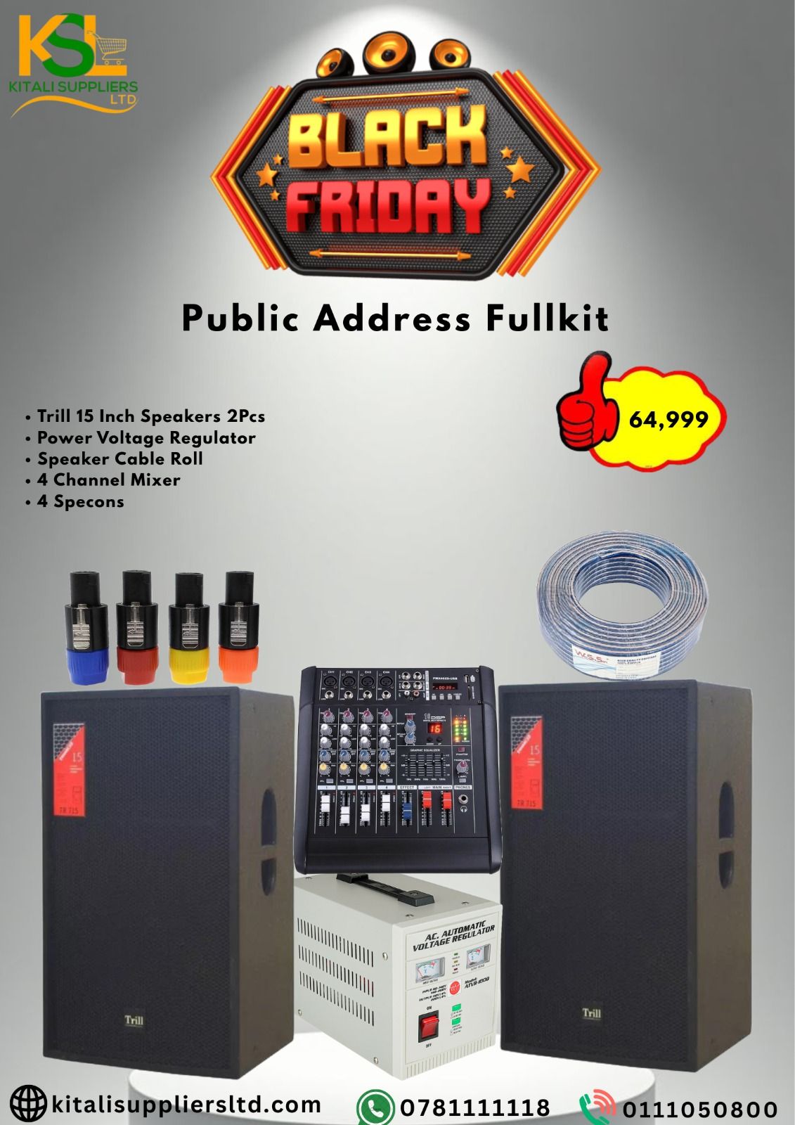 Get studio-quality sound with the Trill 15” Professional Sound Bundle. Includes dual speakers, 4-channel mixer, voltage regulator, cable roll, and Speakon connectors — perfect for events, DJs, and chu