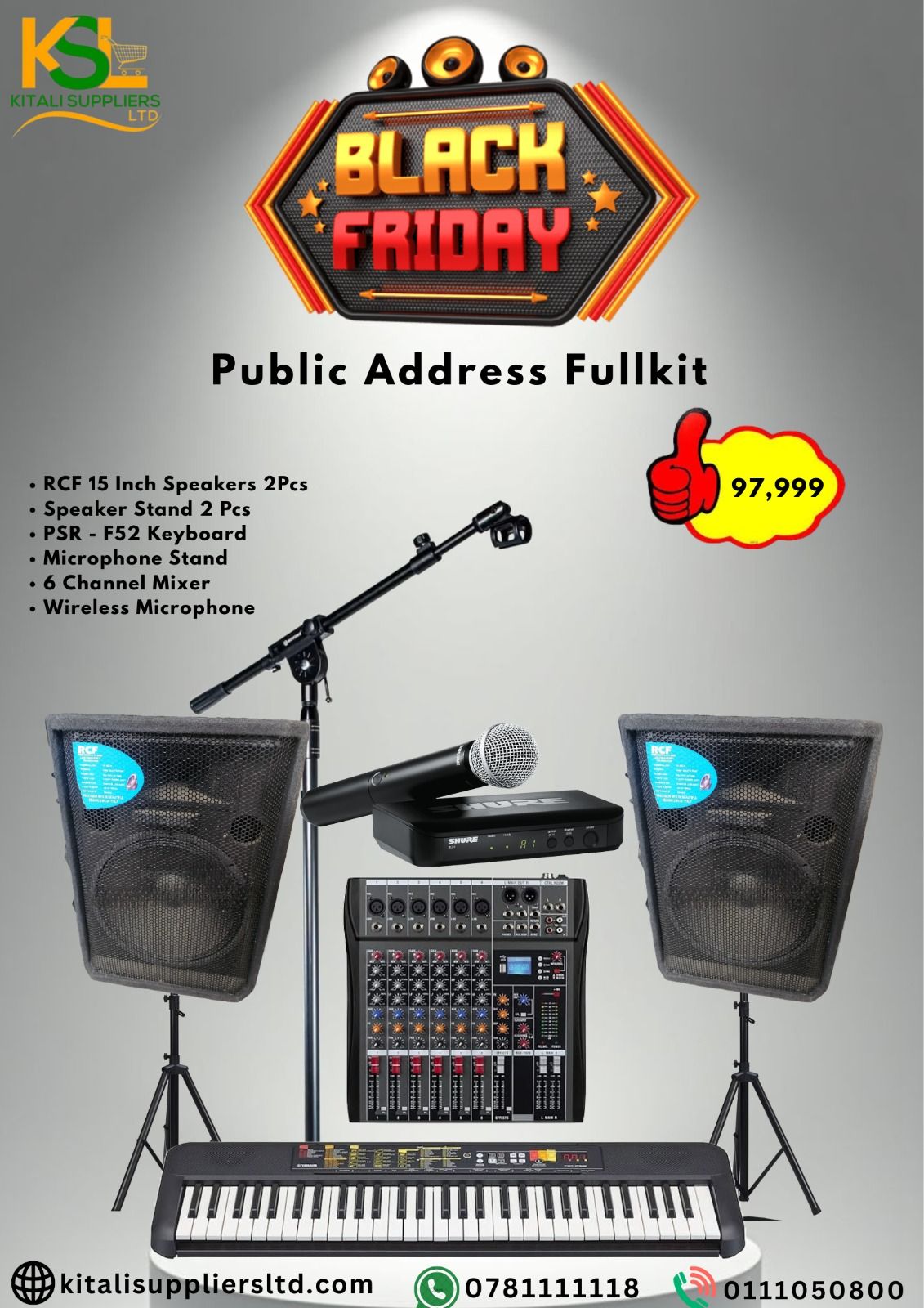 Upgrade your live sound with the RCF 15” Live Performance Fullkit. Includes powerful speakers, PSR F52 keyboard, 6-channel mixer, wireless mic, and stands — ideal for musicians, DJs, and events.