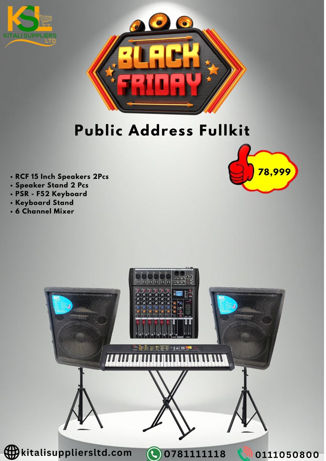 Shop the Black Friday RCF 15” Music Setup Deal! Get Yamaha PSR F52 keyboard, 6-channel mixer, dual speakers, and stands — a complete sound package for musicians, DJs, and live events