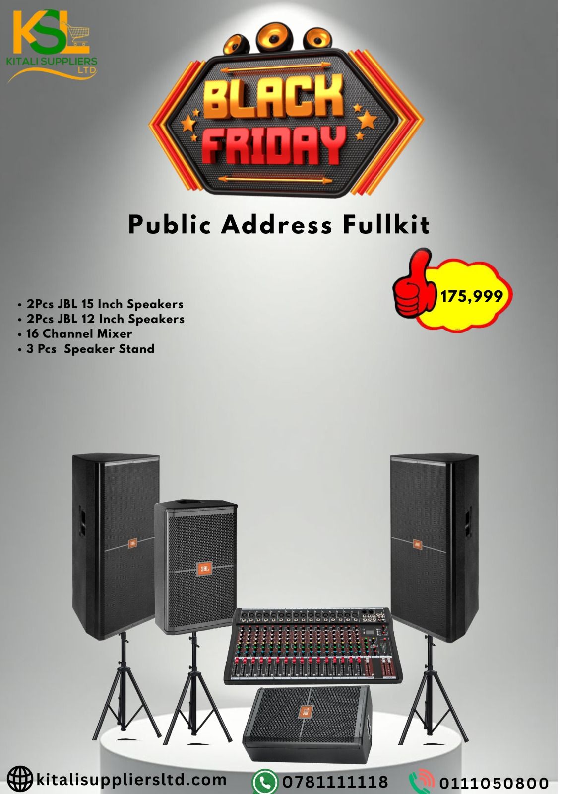 Grab the Black Friday JBL Speaker Bundle! Includes 2×15” + 2×12” JBL speakers, 16-channel mixer, and 3 stands — perfect for DJs, live shows, and events.