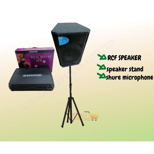 RCF Professional Speaker Bundle – Powerful RCF Speaker with Adjustable Stand + Shure Vocal Artist Wireless Microphone for Events, Performances & Public Speaking
