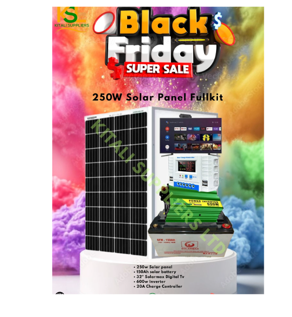 Buy a 250W Solar Power Kit with 32” TV, 600W inverter, and 150Ah battery. Power lights, TV, fan & more — great for homes & shops. Available now on Kilimall!
