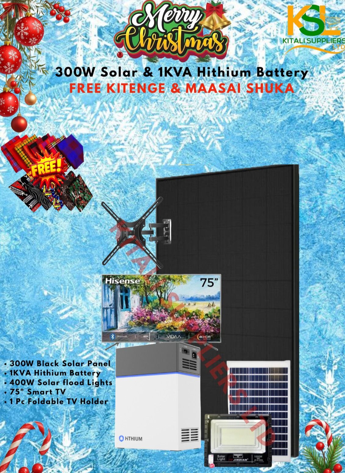 🌟 300W Solar + 1KVA Hithium Battery Mega Combo with 75” Smart TV – FREE Maasai Shuka & Kitenge 🎄