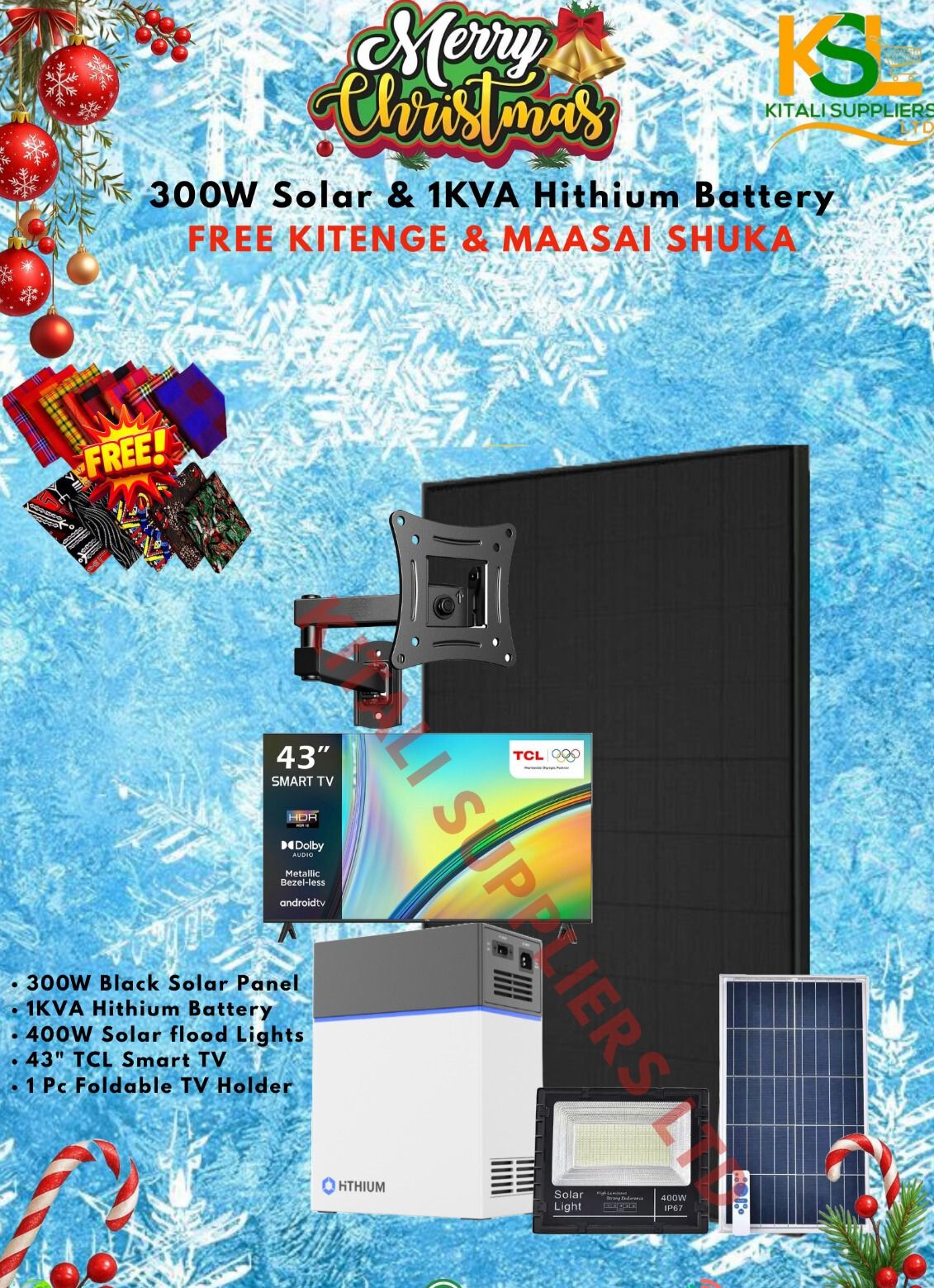 🎄 300W Solar + 1KVA Hithium Battery Combo with 43” TCL Smart TV – FREE Maasai Shuka & Kitenge 🎁