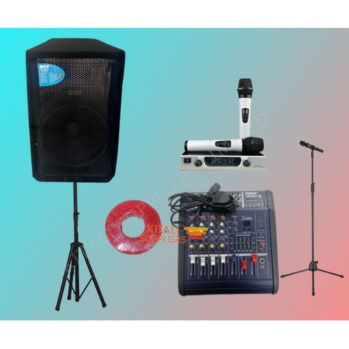 Complete Audio Bundle – RCF 12" Speaker, 4-Channel Mixer, Omax Microphone + Stands & Cable