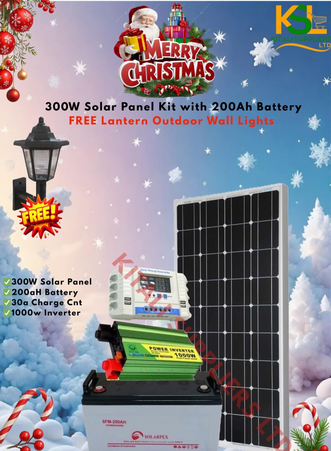 300W Solar Panel Kit with 200Ah Battery + 1000W Inverter & FREE Outdoor Lantern Garden Light