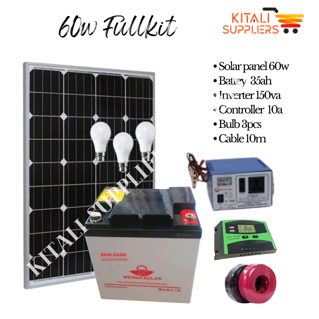 60W Solar Panel Full Kit with 35Ah Battery, 150VA Inverter & 3 LED Bulbs – Christmas Offer