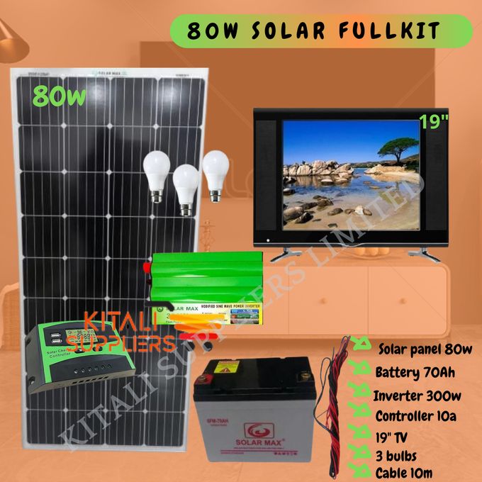 80W Solar Panel Kit with 70Ah Battery, 300W Inverter, 19” TV, 3 LED Bulbs & 10m Cable – Christmas Offer