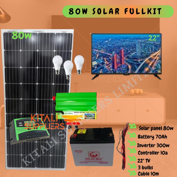80W Solar Panel Kit with 70Ah Battery, 300W Inverter, 22” TV, 3 LED Bulbs & 10m Cable – Christmas Offer