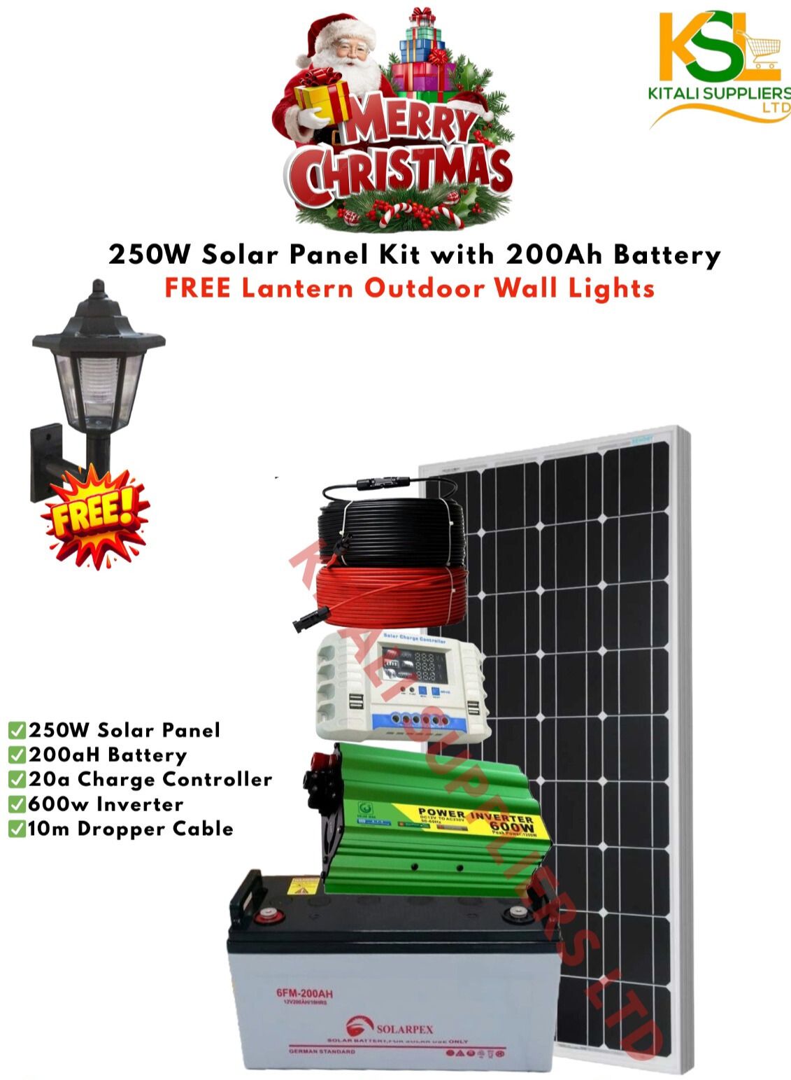 🎄☀️ 250W Solar Power Kit with 200Ah Battery – FREE Outdoor Lantern Wall Light ⚡
