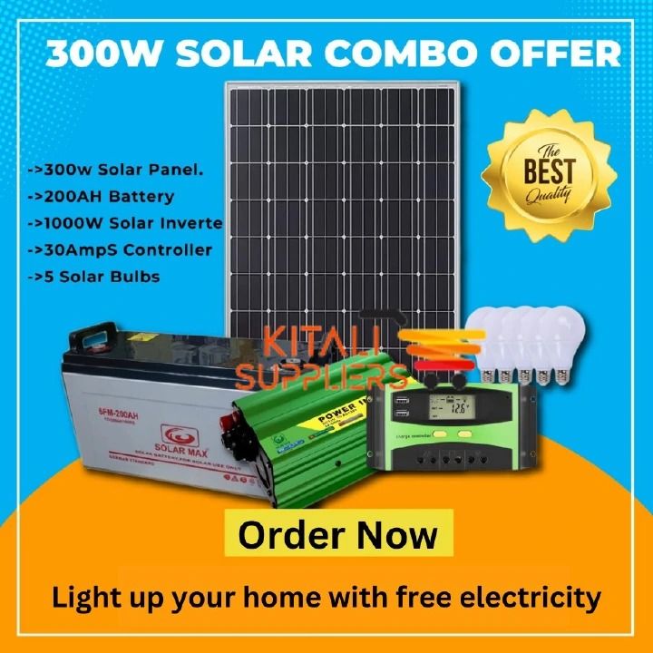 Sunnypex 300W Monocrystalline All-Weather Solar Full Kit – 200Ah Battery, 1000W Inverter, 30A Controller & 5 Bulbs