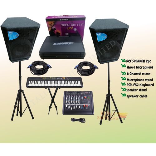 Complete Professional Sound & Performance Kit – RCF Speakers, Shure Mic, Yamaha PSR Keyboard & Mixer Bundle 🎤🎹🔊