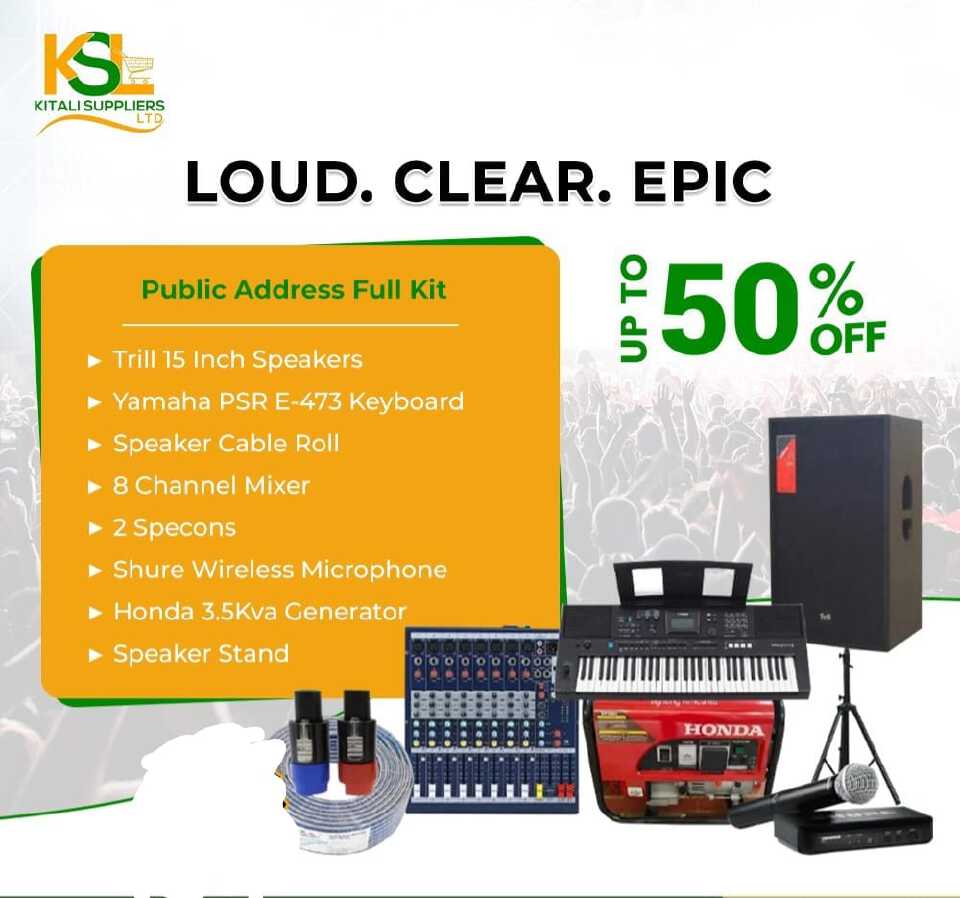 Public Address Full Kit – 15” Trill Speakers, Yamaha PSR-E473, 8ch Mixer, Shure Wireless Mic & Honda 3.5KVA Generator