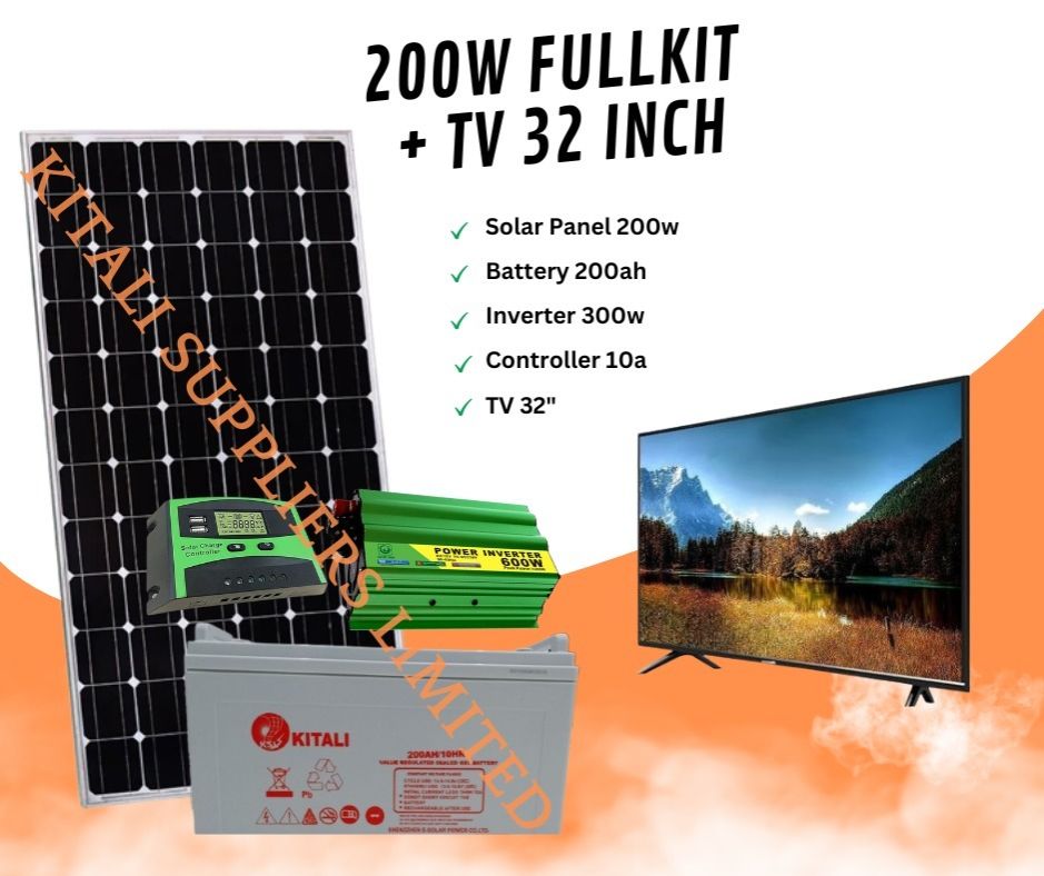 All-in-One 200W Solar Full Kit with 32-Inch TV – Solar Panel, 200Ah Battery, 300W Inverter & 10A Controller for Home & Off-Grid Entertainment 🌞📺⚡