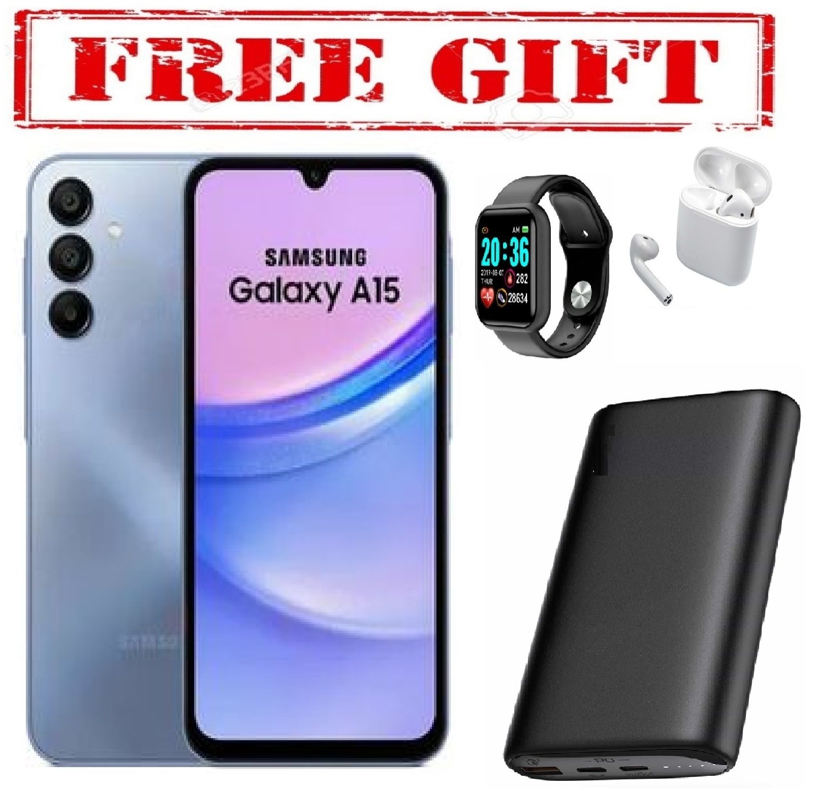 Samsung GALAXY A15, 6.5'' HD+, 4GB RAM + 128GB ROM, DUAL SIM, 50MP, 5000mAh COMES WITH FREE GIFTS (POWER BANK +AIR PODS +SMART WATCH)