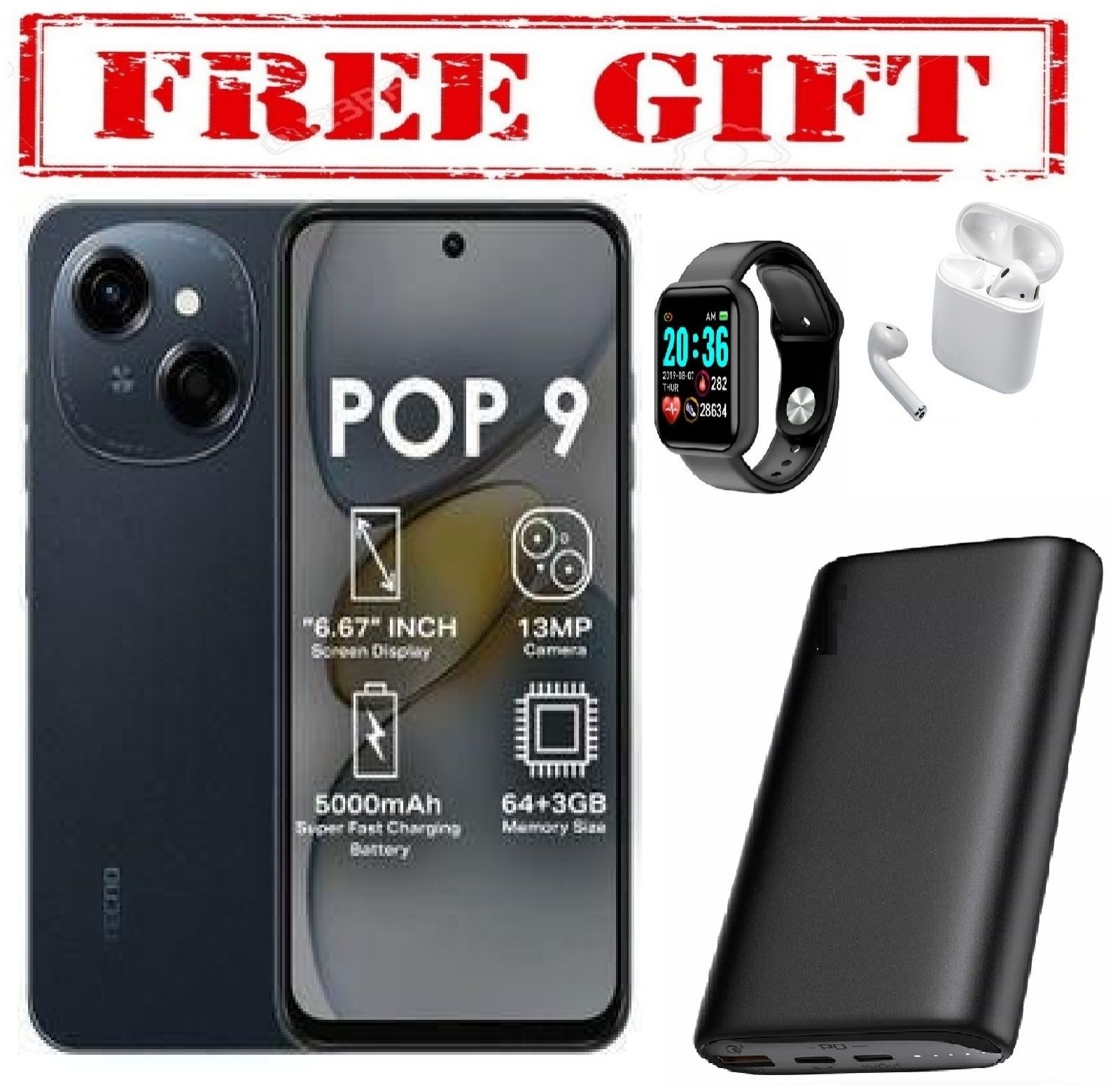 Tecno POP 9, 6.67", 128GB ROM+ 3GB RAM+ Plus 3GB RAM Extended 13MP, 4.5G (Dual SIM) Battery 5000MAhCOMES WITH FREE GIFTS ( AIRPODS + SMART WATCH +POWERBANK )