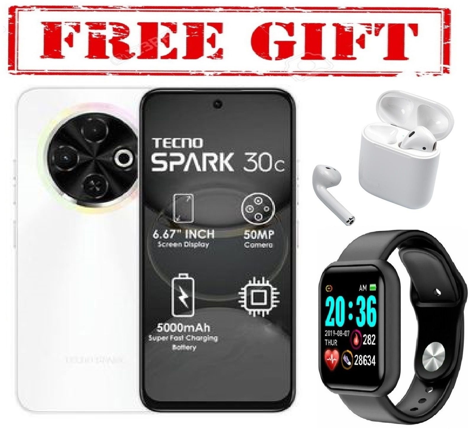 LIMITED OFFER BRAND NEW Tecno Spark 30c, 6.67'' HD+, UP to 8GB RAM + 128GB ROM (Dual Sim) 50MP, 5000 mAh COMES WITH FREE GIFTS ( AIRPODS + SMART WATCH)