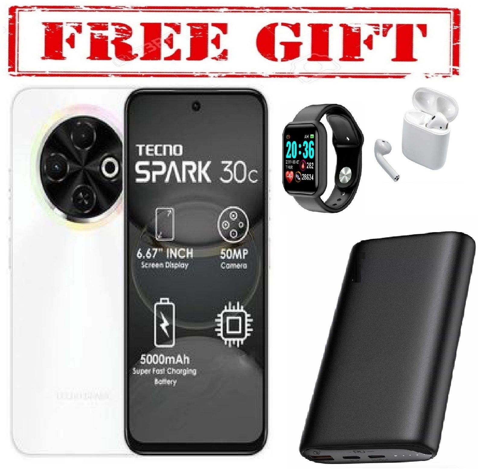 HOLIDAY DISCOUNT !!! Tecno Spark 30c, 6.67'' HD+, UP to 8GB RAM + 128GB ROM (Dual Sim) 50MP, 5000 mAh COMES WITH FREE GIFTS ( AIRPODS + SMART WATCH  + POWER BANK )