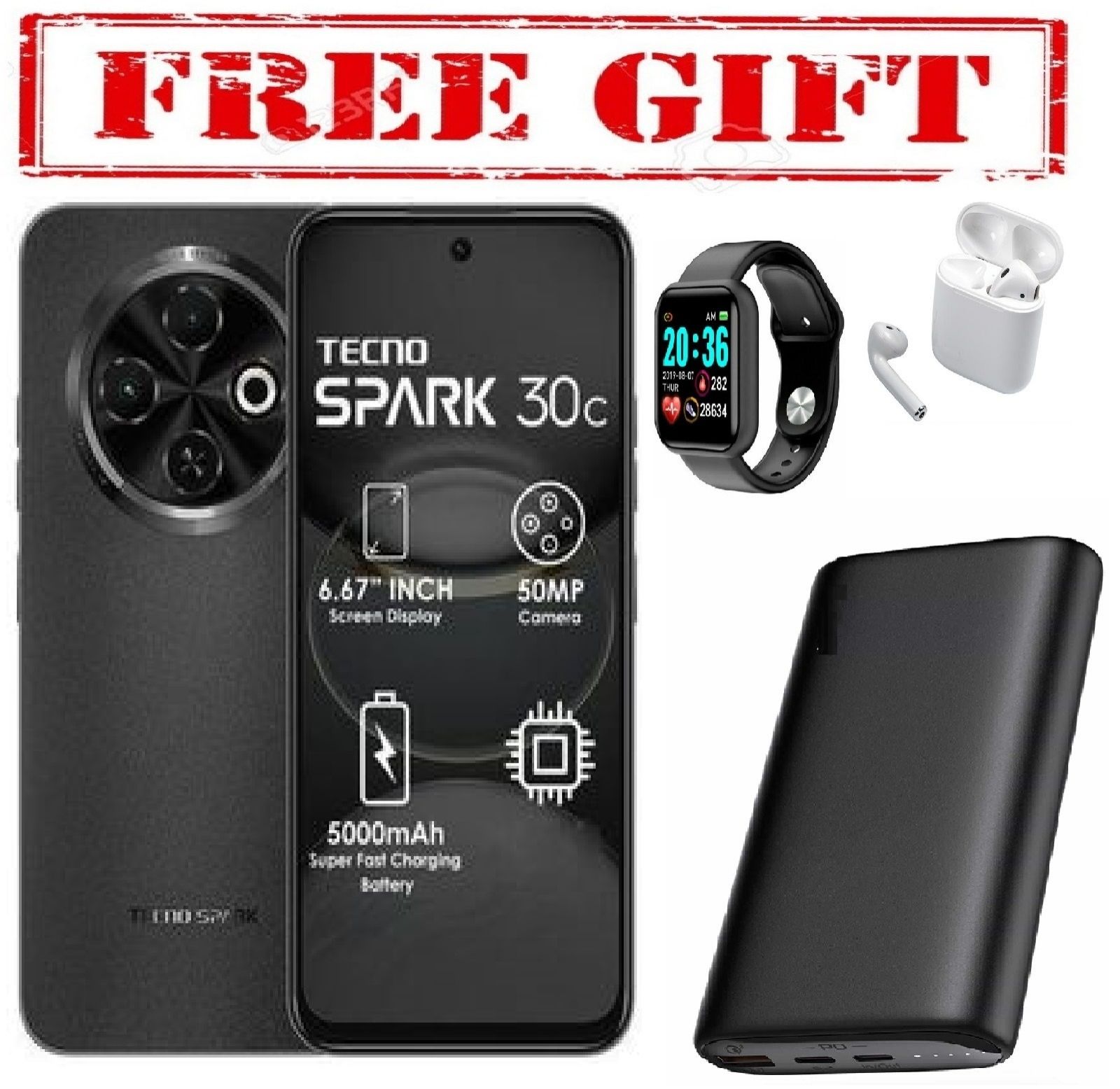 HOLIDAY DISCOUNT !!! Tecno Spark 30c, 6.67'' HD+, UP to 8GB RAM + 128GB ROM (Dual Sim) 50MP, 5000 mAh COMES WITH FREE GIFTS ( AIRPODS + SMART WATCH  + POWER BANK )