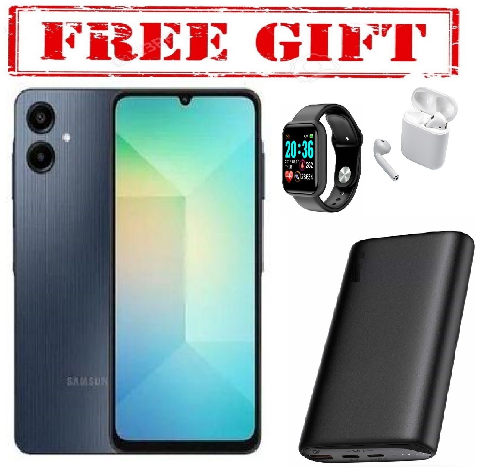 BRAND NEW Samsung GALAXY A06, SCREEN DISPLAY 6.7" //4GB RAM +128 GB ROM //DUAL SIM //5000MAH //50MP //ANDROID 14  COMES WITH FREE GIFTS ( AIRPODS + SMART WATCH +POWERBANK ) FOR YOU