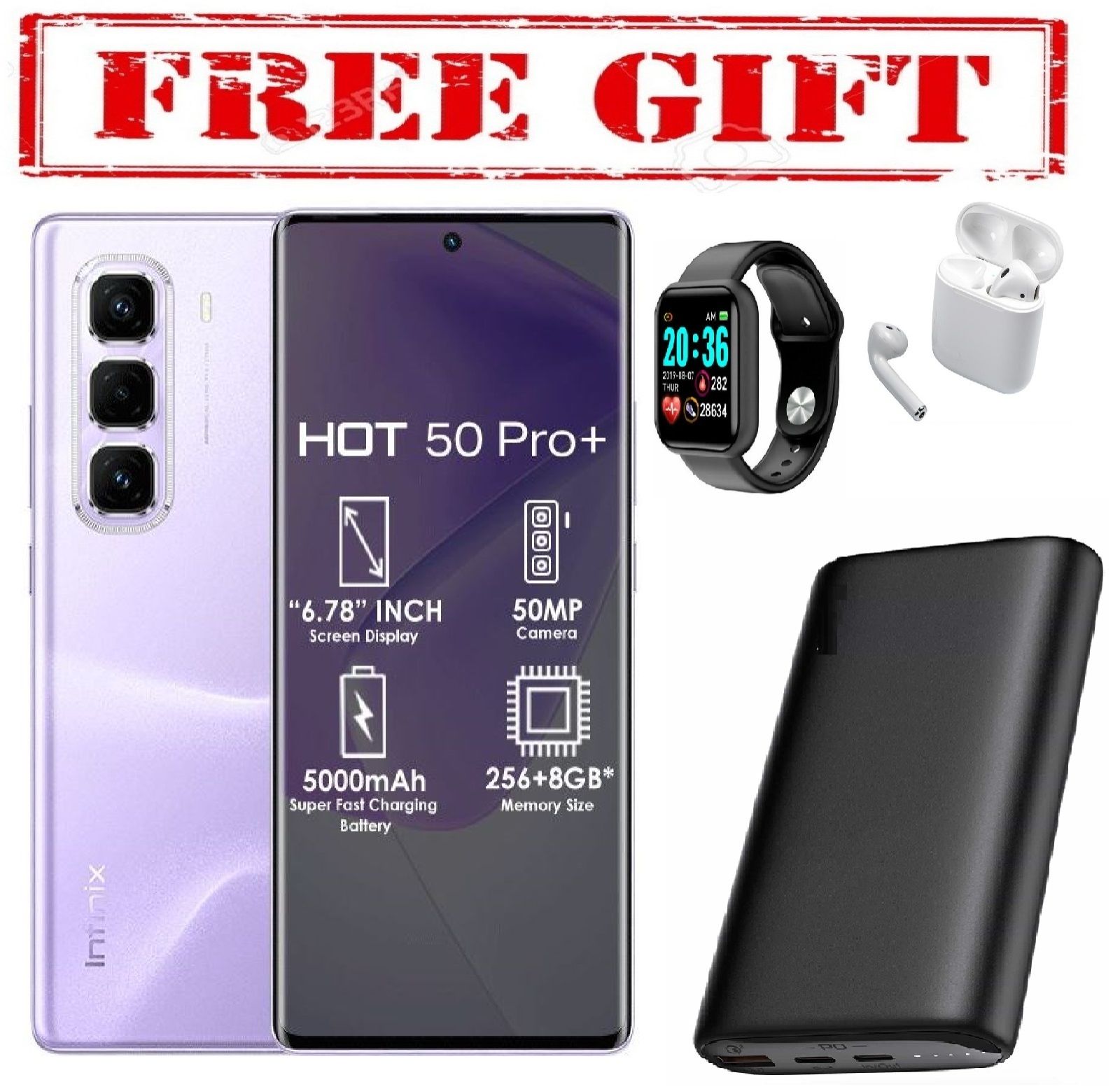 HOLIDAY OFFER BRAND NEW Infinix Hot 50 Pro Plus' 6.78 CURVED SCREEN  inches"(8+8)16GB RAM+ 128 GB ROM' 5,000 mAh" Dual SIM  COMES WITH FREE GIFTS ( AIRPODS + SMART WATCH +POWERBANK ) FOR YOU
