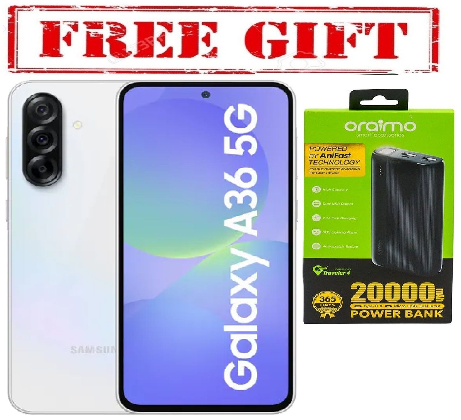 LIMITED OFFER !!!! BRAND NEW !! Galaxy A36 5G, 6.6", 256GB + 8GB RAM (Dual SIM), 5000mAh COMES WITH A FREE ORAIMO 20,000 MAH POWER BANK