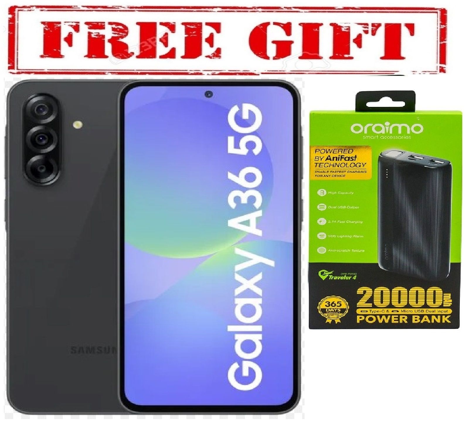 LIMITED OFFER !!!! BRAND NEW !! Galaxy A36 5G, 6.6", 128GB + 6GB RAM (Dual SIM), 5000mAh  COMES WITH A FREE ORAIMO 20,000 MAH POWER BANK