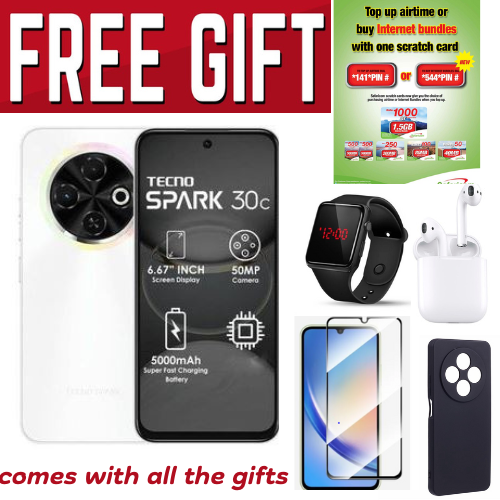 HOLIDAY DISCOUNT !!! Tecno Spark 30c, 6.67'' HD+, UP to 8GB RAM + 128GB ROM (Dual Sim) 50MP, 5000 mAh COMES WITH FREE GIFTS ( AIRPODS + WATCH + POWER BANK )