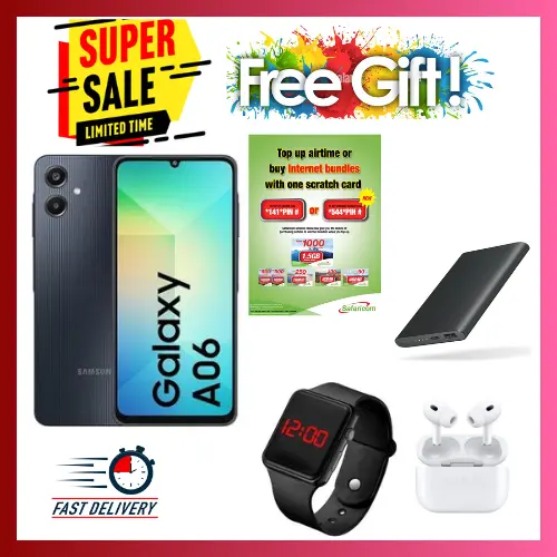 BRAND NEW Samsung GALAXY A06, SCREEN DISPLAY 6.7" //4GB RAM +128 GB ROM //DUAL SIM //5000MAH //50MP //ANDROID 14  COMES WITH FREE GIFTS ( AIRPODS + SMART WATCH +POWERBANK ) FOR YOU
