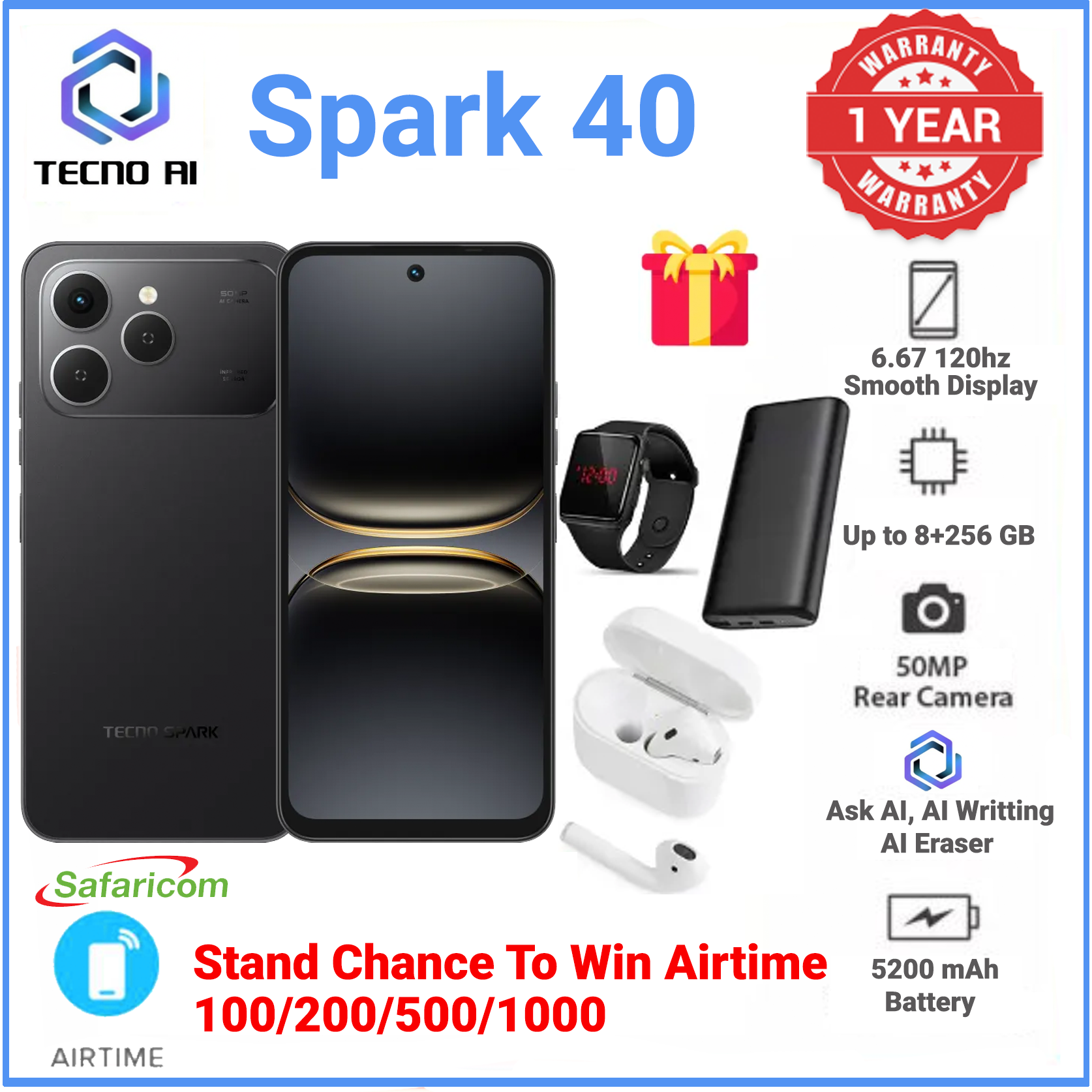 NEW ARRIVAL LIMITED DISCOUNT! BRAND NEW Tecno Spark 40, 6.67'' HD+, UP To 128GB ROM+ 4GB RAM  (Dual Sim) 50MP, 5200 MAh super charging  FREE AIRTIME and FREE GIFTS support Side Fingerprint Smart phone