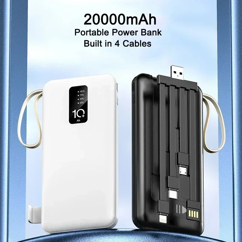 PAFEL Power Bank 20000mAh Built in 4 Cable Portable Charger External Battery Pack Powerbank For iPhone Huawei Xiaomi Samsung Tecno OPPO phone Refurbished Phone SmartPhones Mobile Phones Tablet PC