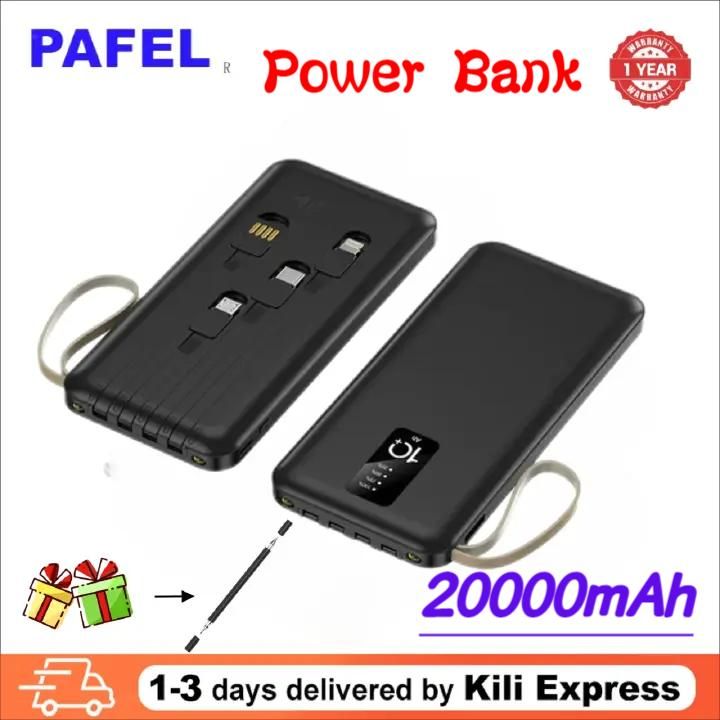 PAFEL Power Bank 20000mAh Built in 4 Cable Portable Charger External Battery Pack Powerbank For iPhone Huawei Xiaomi Samsung Tecno OPPO phone Refurbished Phone SmartPhones Mobile Phones Tablet PC